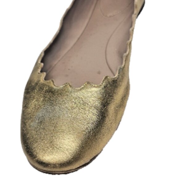 Chloe Lauren Scalloped Ballet Flats in Metallic Gold Leather – Size 35.5 - Picture 1 of 7